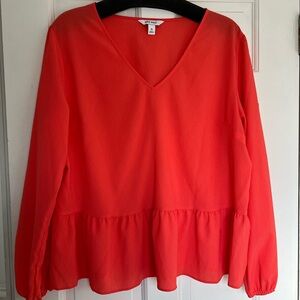 Nine West Orange Long Sleeve Peplum Blouse with V-Neck